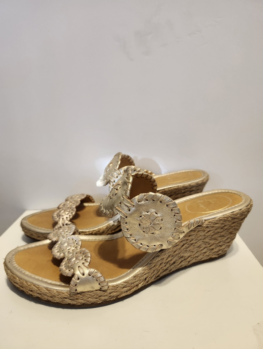 Jack Rogers "Shelby" Pale Gold Leather Strappy Raffia Wedge Sandals  Sz.8 $138